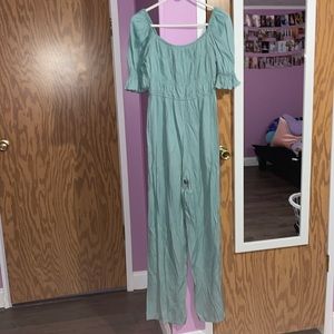 Smocked elastic top puff sleeve jumpsuit